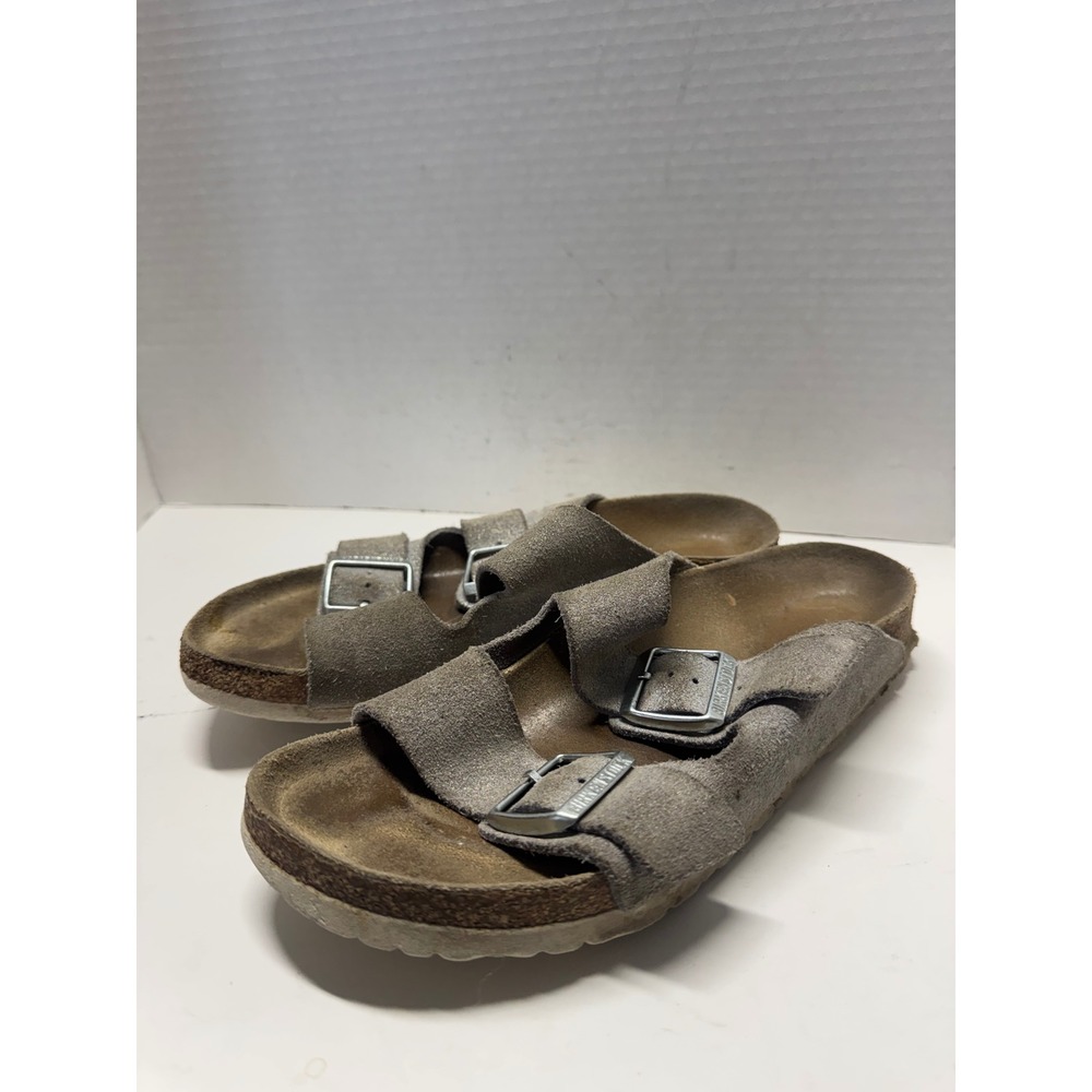 Birkenstock Arizona Suede Sandals Taupe Two Strap Slides Size 38 7.5